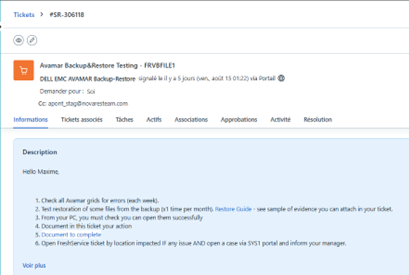 Ticket Freshdesk pour vérification des backups