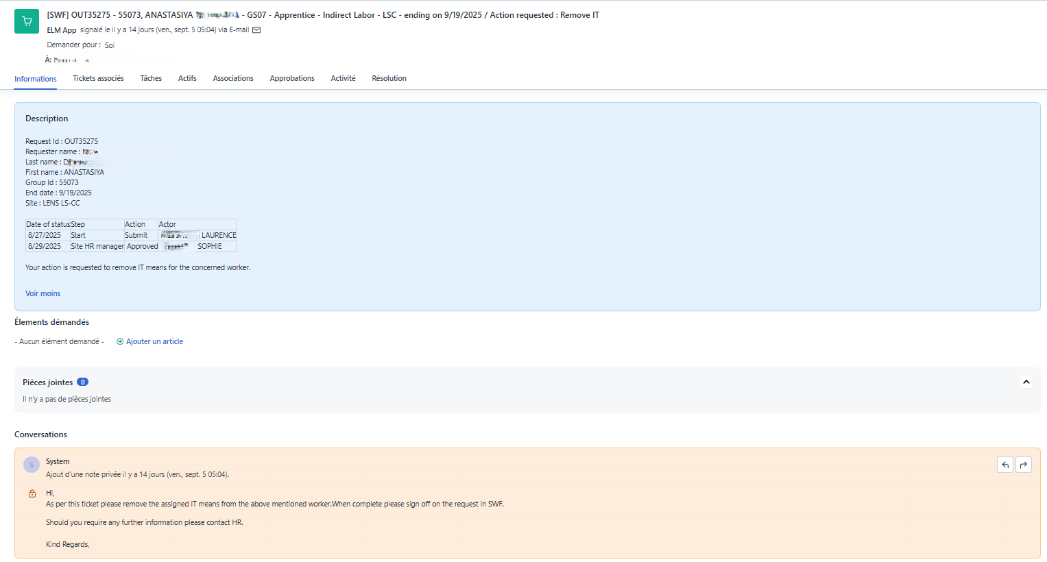 Création du ticket de demande
