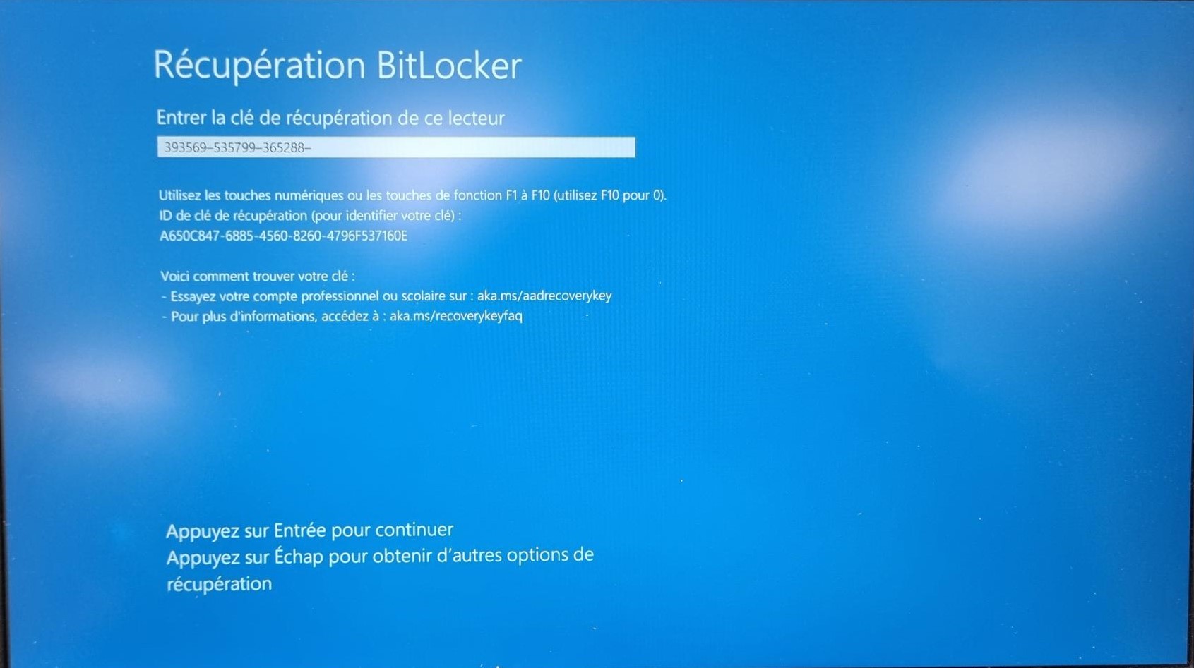 Écran de récupération BitLocker