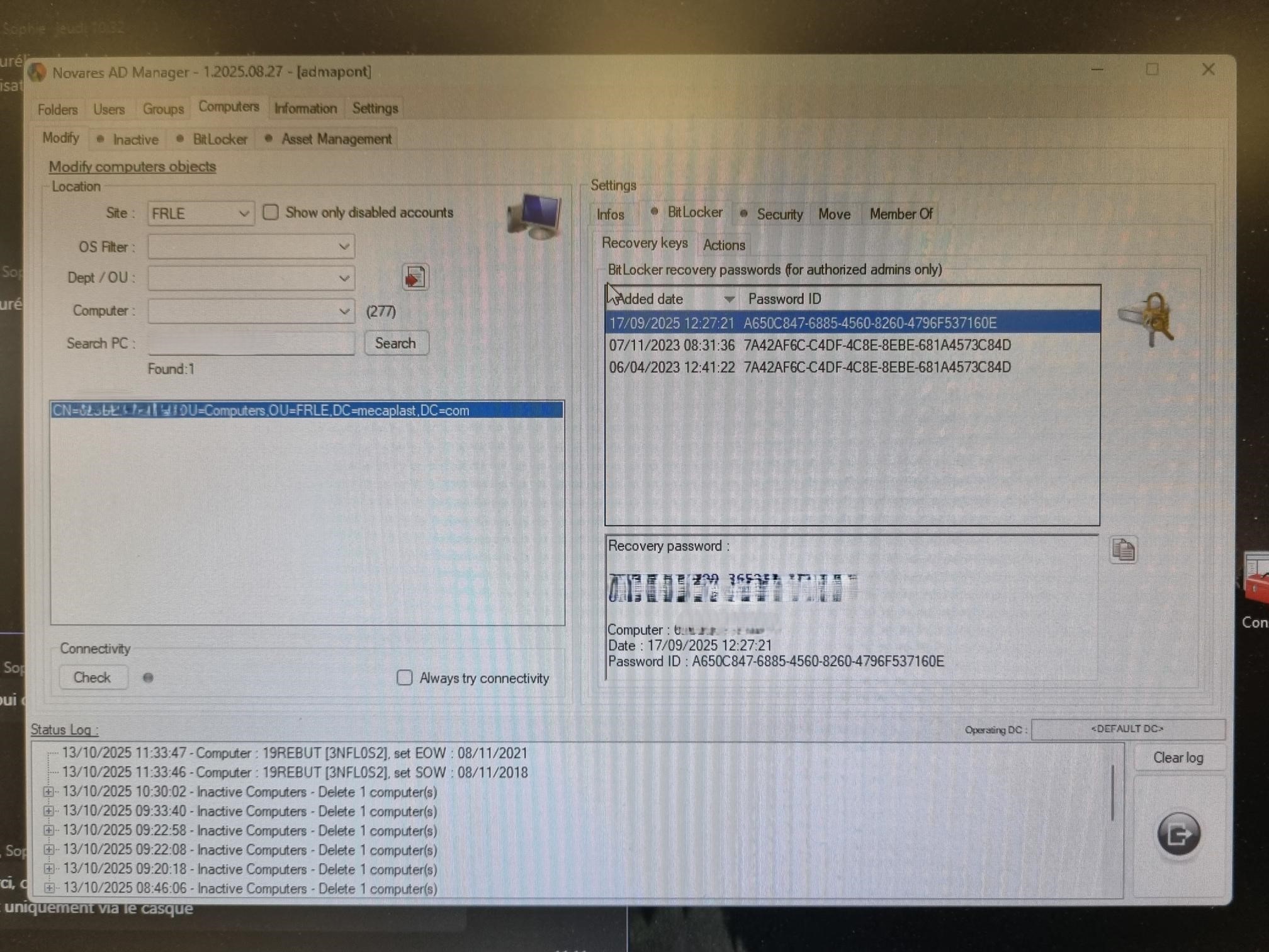 Récupération de la clé BitLocker dans ADManager