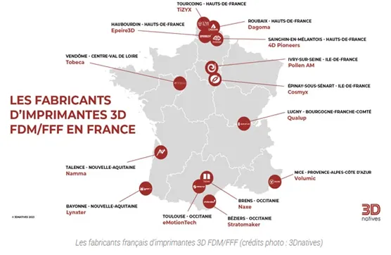 Carte des fabricants d'imprimantes 3D en France